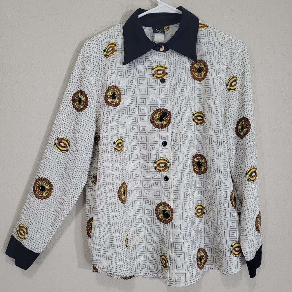 Vintage Blouse Kiss Me Womens M / L Geometric Medallion White Black Made in USA